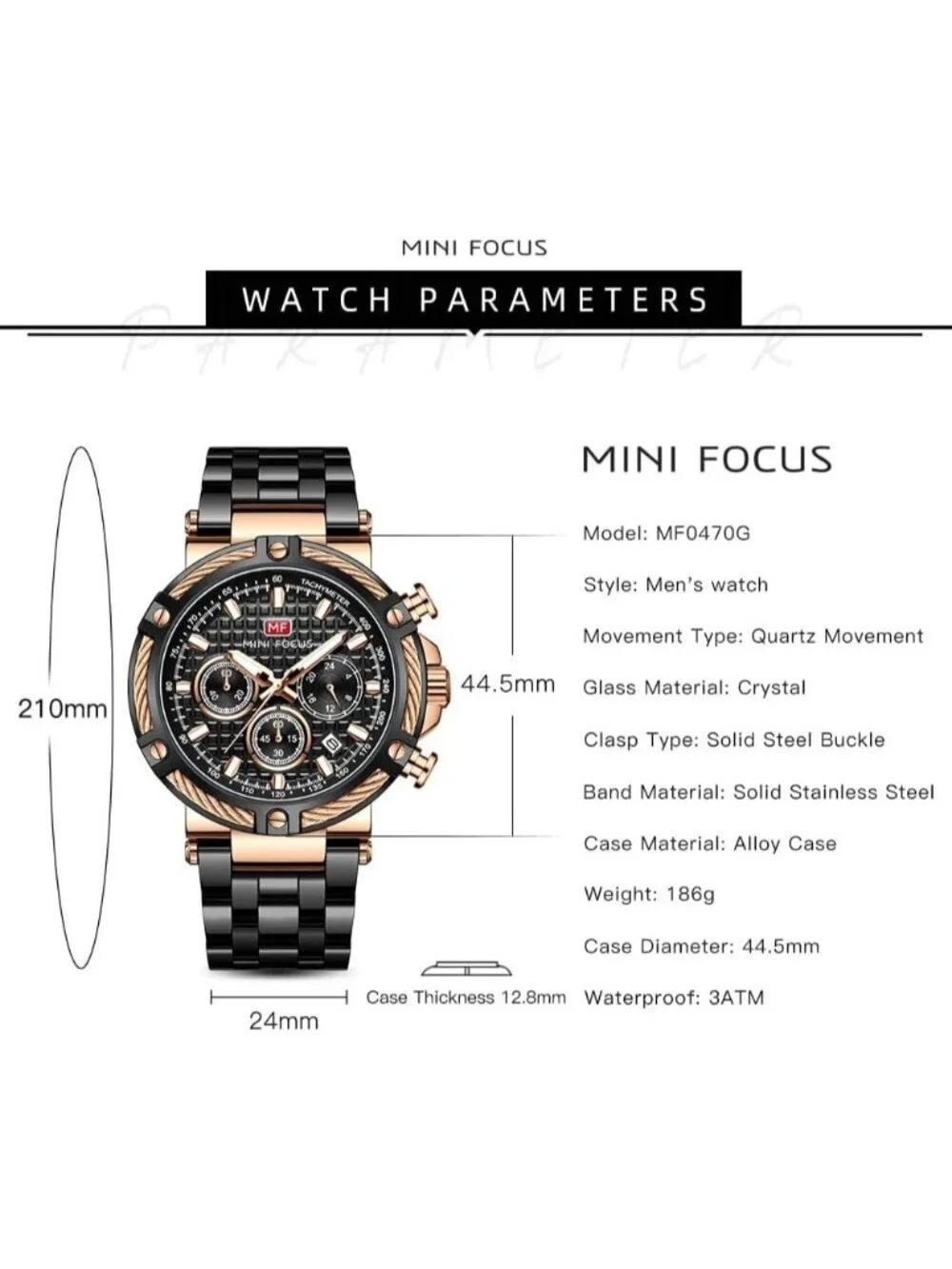 Men's Black Golden Stainless Steel Band Chronograph Waterproof Luminous Watch